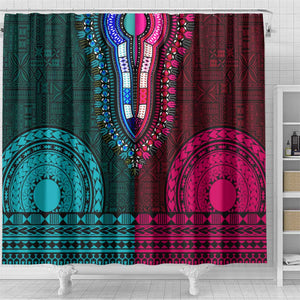 Teal-pink Dashiki and Tapa Pattern Shower Curtain Africa-Polynesia Together Culture