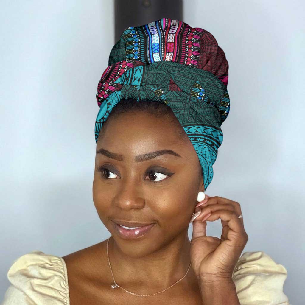 Teal-pink Dashiki and Tapa Pattern Simple Headwrap Africa and Polynesia Together Culture