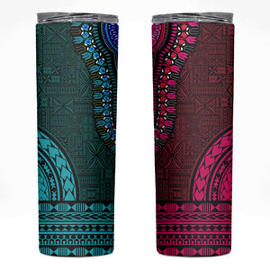 Teal-pink Dashiki and Tapa Pattern Skinny Tumbler Africa-Polynesia Together Culture