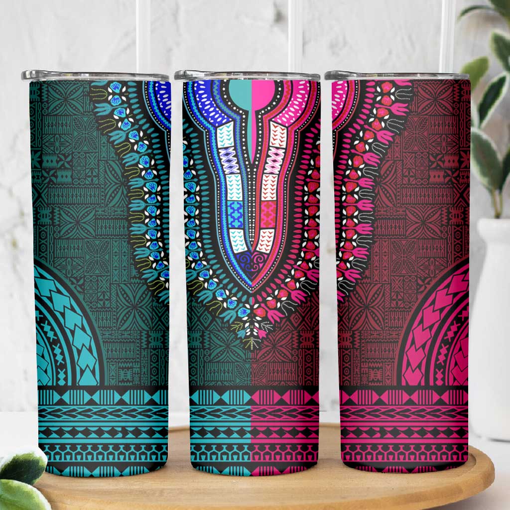 Teal-pink Dashiki and Tapa Pattern Skinny Tumbler Africa-Polynesia Together Culture