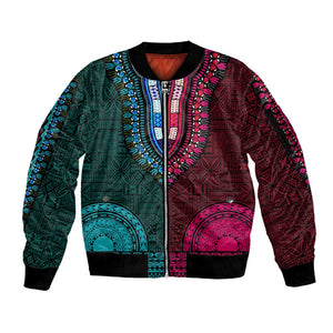 Teal-pink Dashiki and Tapa Pattern Sleeve Zip Bomber Jacket Africa-Polynesia Together Culture