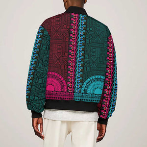 Teal-pink Dashiki and Tapa Pattern Sleeve Zip Bomber Jacket Africa-Polynesia Together Culture