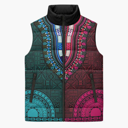 Teal-pink Dashiki and Tapa Pattern Sleeveless Puffer Jacket Africa-Polynesia Together Culture