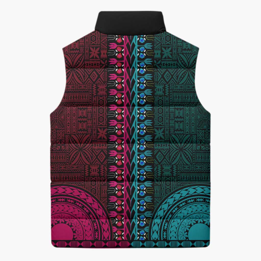 Teal-pink Dashiki and Tapa Pattern Sleeveless Puffer Jacket Africa-Polynesia Together Culture