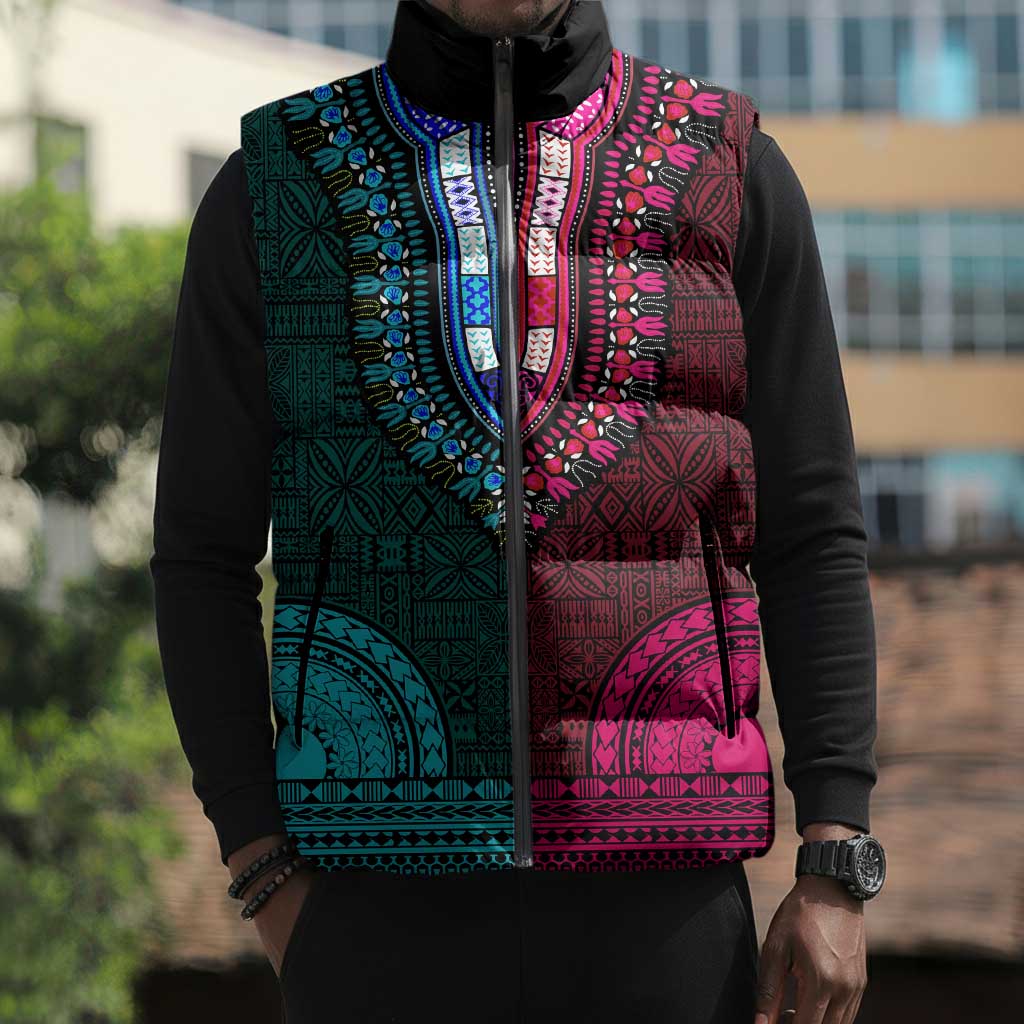 Teal-pink Dashiki and Tapa Pattern Sleeveless Puffer Jacket Africa-Polynesia Together Culture