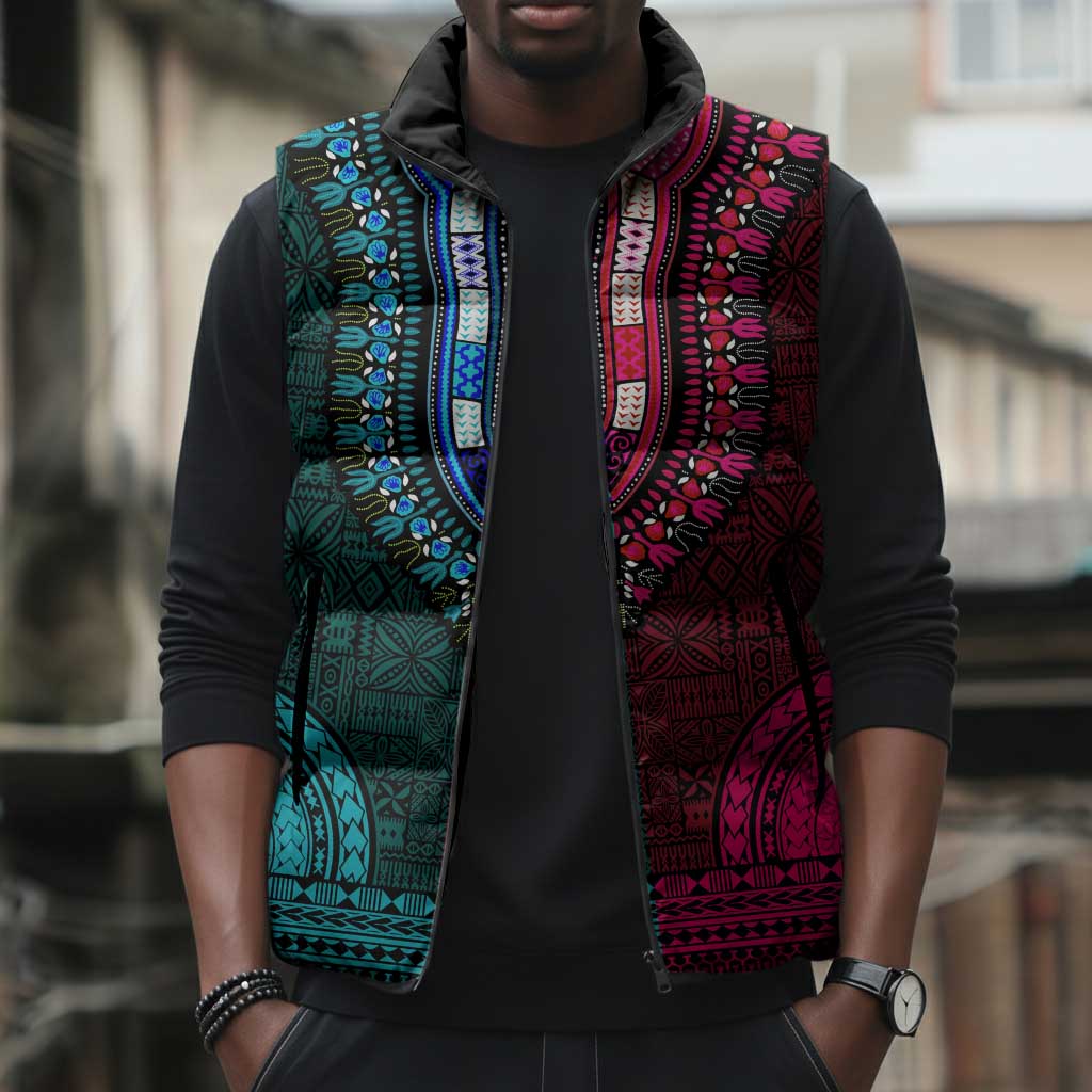 Teal-pink Dashiki and Tapa Pattern Sleeveless Puffer Jacket Africa-Polynesia Together Culture