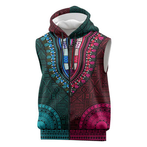 Teal-pink Dashiki and Tapa Pattern Sleeveless Zip Hoodie Africa-Polynesia Together Culture - African Pride