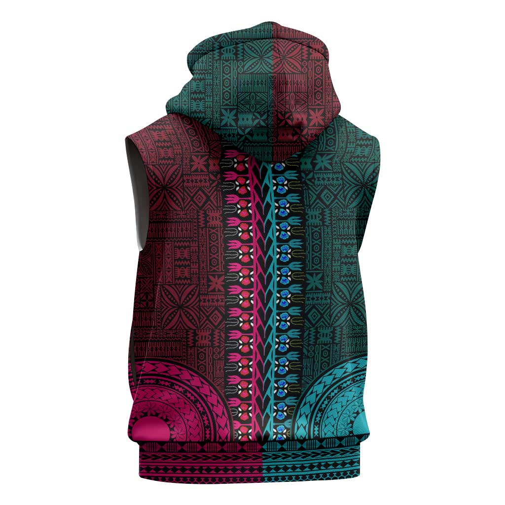 Teal-pink Dashiki and Tapa Pattern Sleeveless Zip Hoodie Africa-Polynesia Together Culture - African Pride