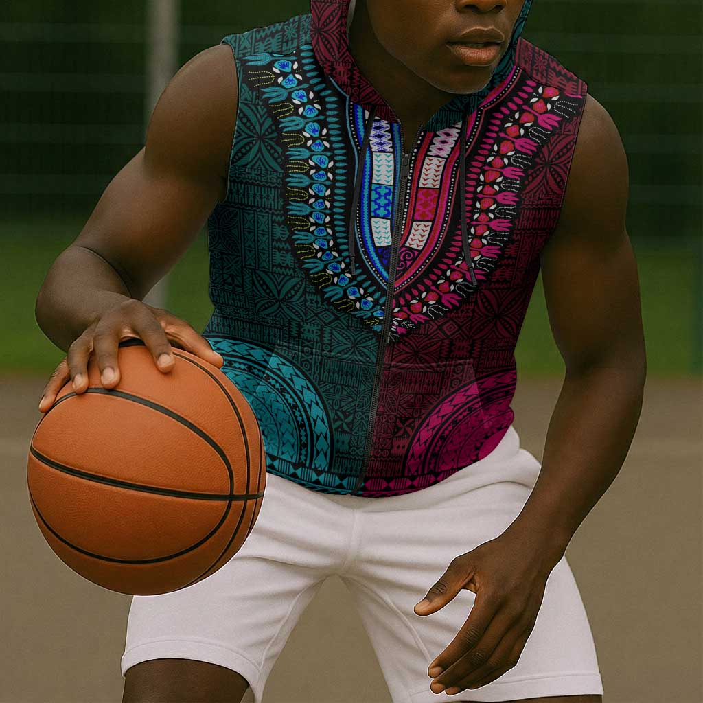 Teal-pink Dashiki and Tapa Pattern Sleeveless Zip Hoodie Africa-Polynesia Together Culture - African Pride