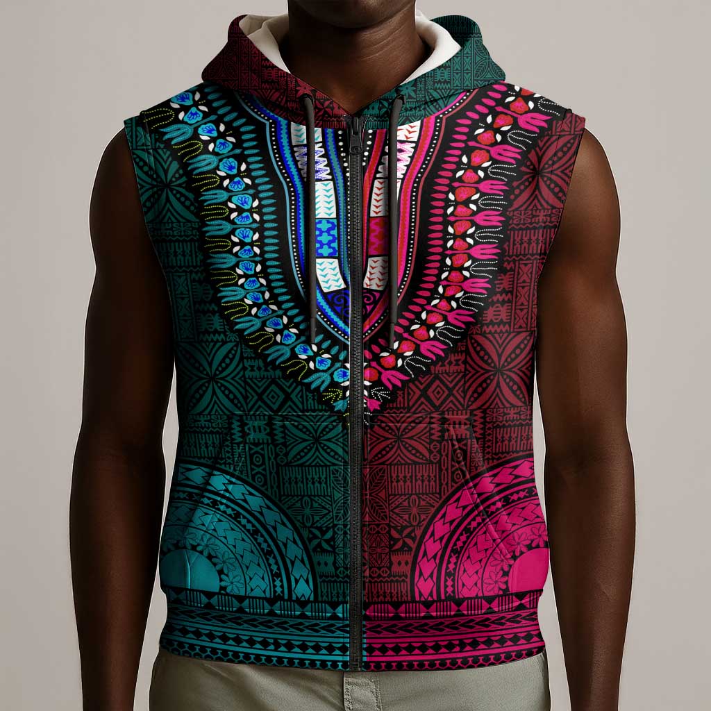 Teal-pink Dashiki and Tapa Pattern Sleeveless Zip Hoodie Africa-Polynesia Together Culture - African Pride