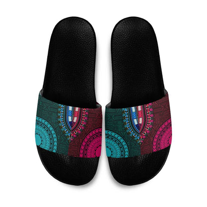 Teal-pink Dashiki and Tapa Pattern Slide Sandals Africa-Polynesia Together Culture