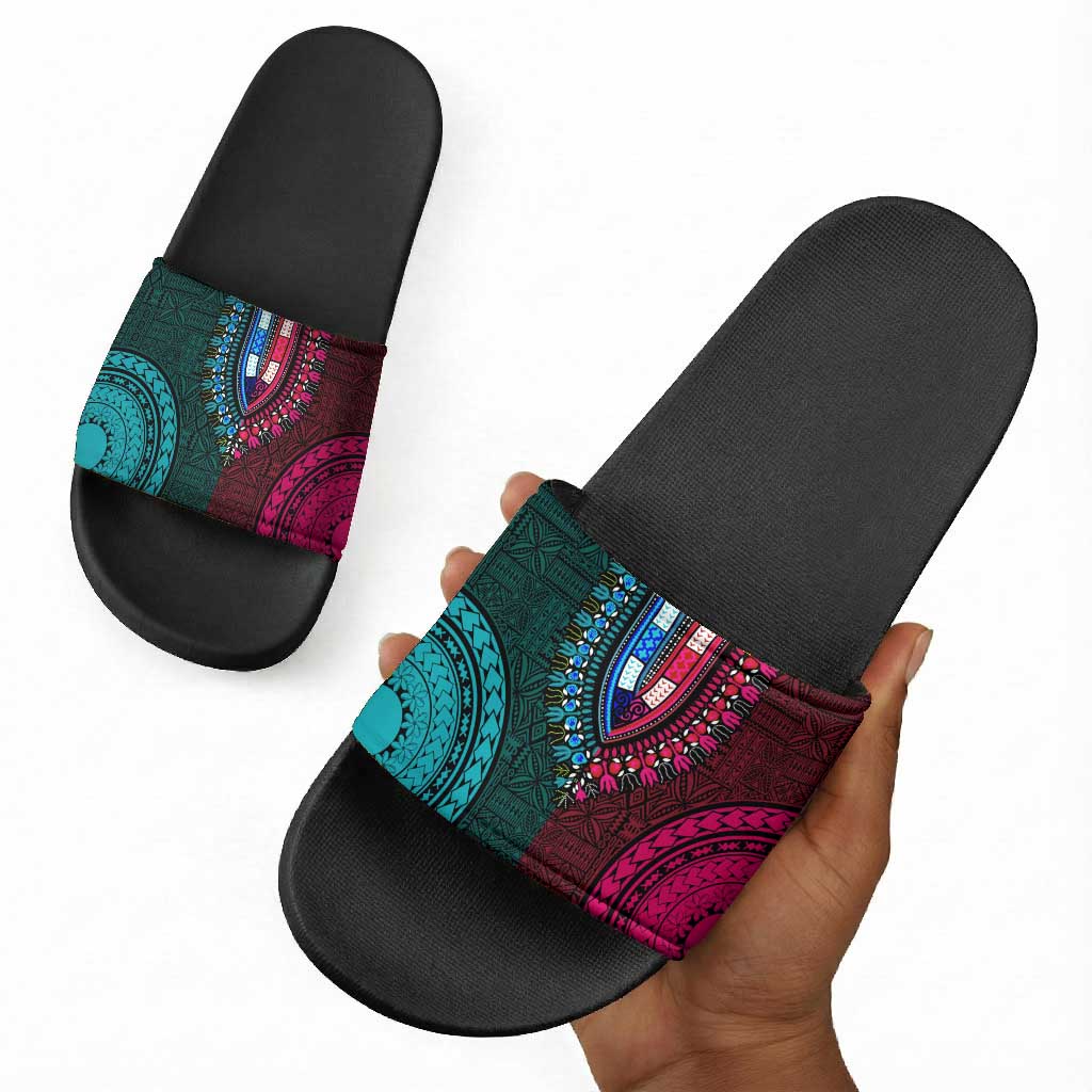 Teal-pink Dashiki and Tapa Pattern Slide Sandals Africa-Polynesia Together Culture