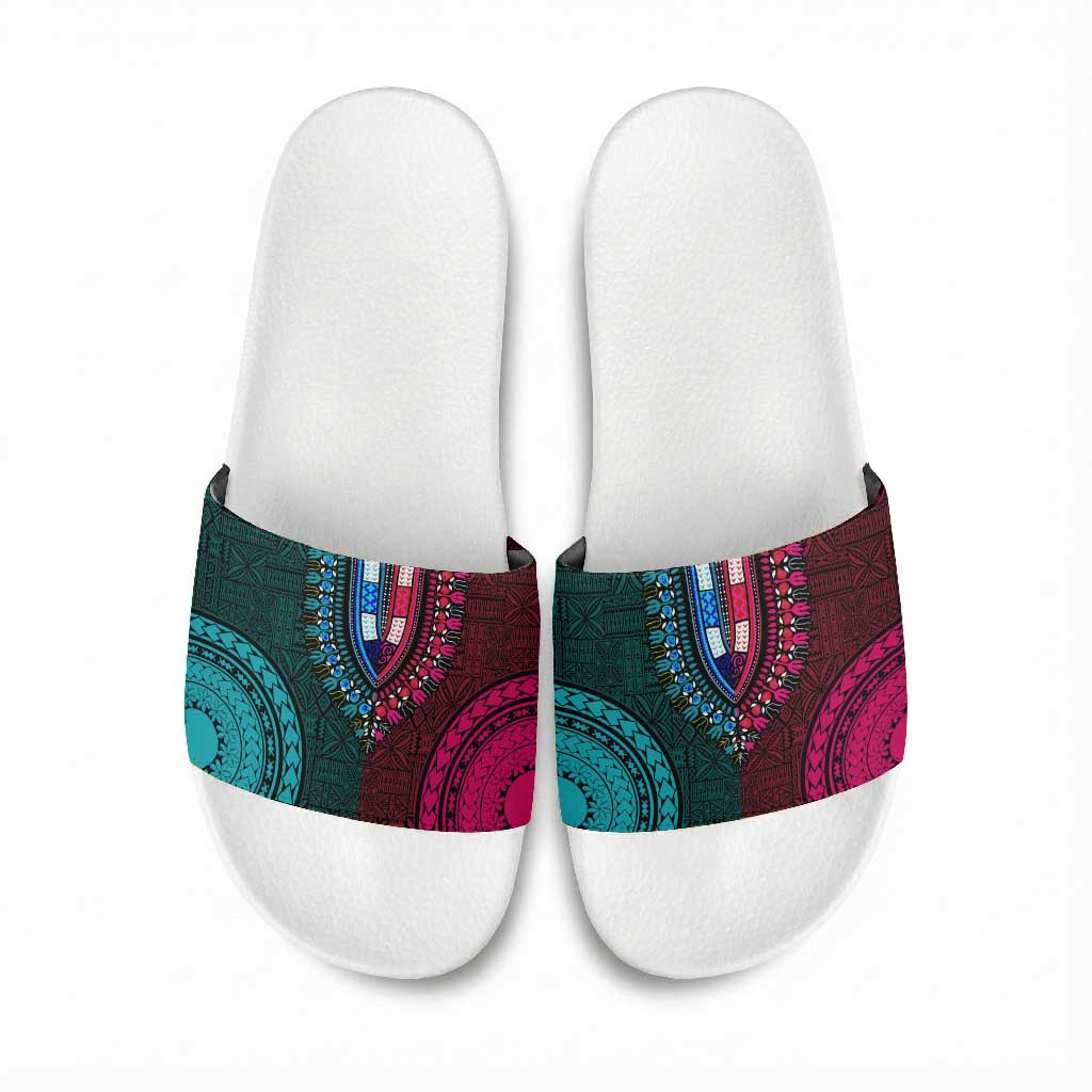 Teal-pink Dashiki and Tapa Pattern Slide Sandals Africa-Polynesia Together Culture