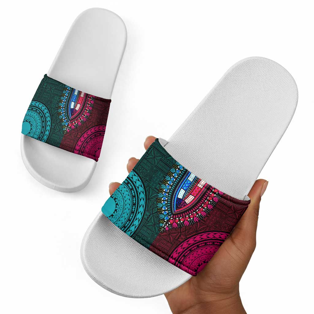 Teal-pink Dashiki and Tapa Pattern Slide Sandals Africa-Polynesia Together Culture