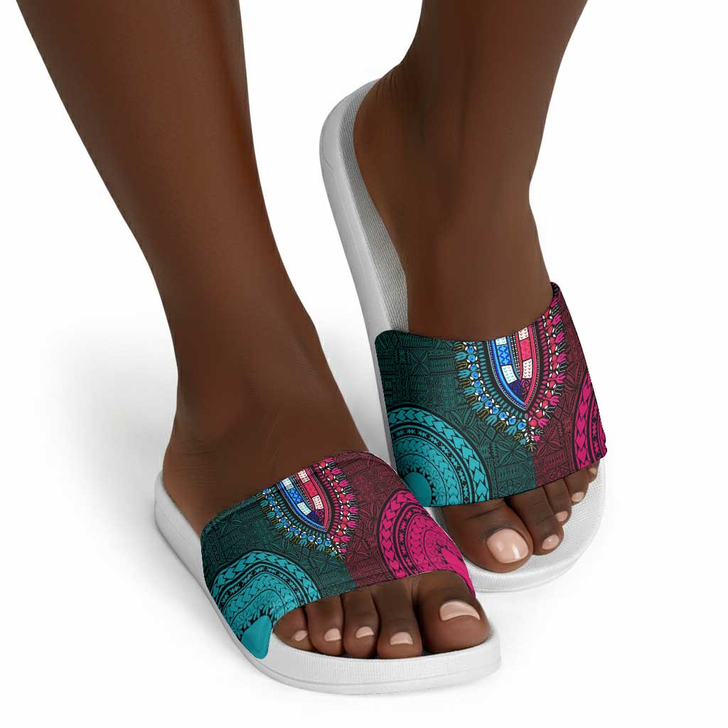 Teal-pink Dashiki and Tapa Pattern Slide Sandals Africa-Polynesia Together Culture