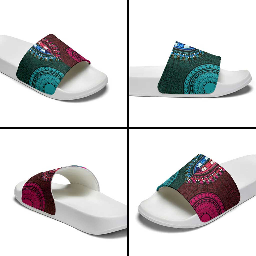 Teal-pink Dashiki and Tapa Pattern Slide Sandals Africa-Polynesia Together Culture