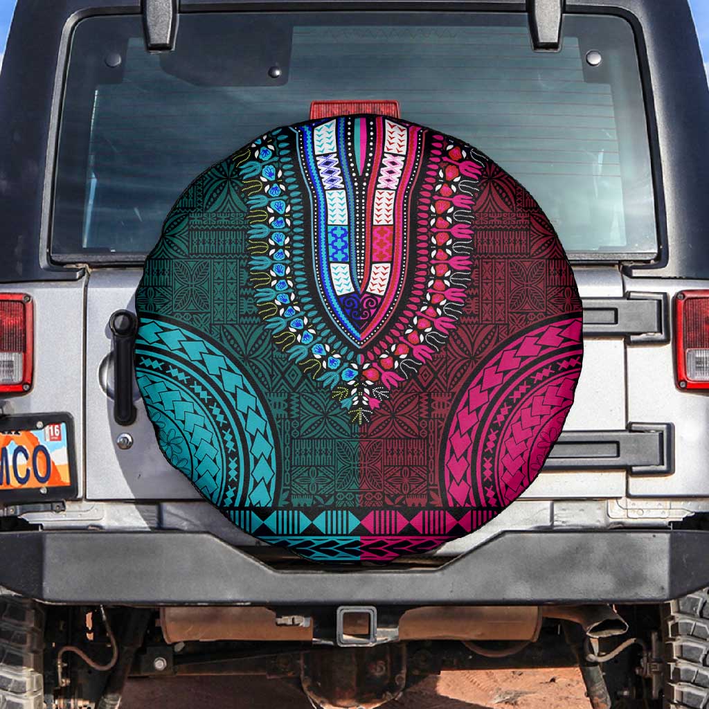 Teal-pink Dashiki and Tapa Pattern Spare Tire Cover Africa-Polynesia Together Culture