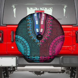 Teal-pink Dashiki and Tapa Pattern Spare Tire Cover Africa-Polynesia Together Culture