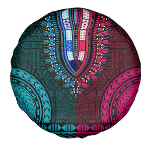 Teal-pink Dashiki and Tapa Pattern Spare Tire Cover Africa-Polynesia Together Culture