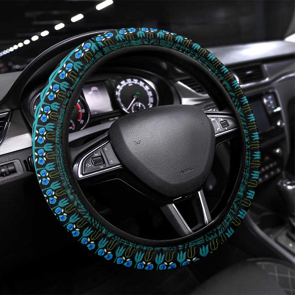 Teal-pink Dashiki and Tapa Pattern Steering Wheel Cover Africa-Polynesia Together Culture