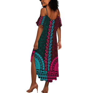 Teal-pink Dashiki and Tapa Pattern Summer Maxi Dress Africa-Polynesia Together Culture