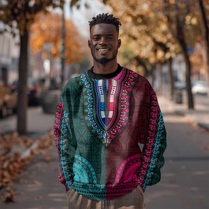 Teal-pink Dashiki and Tapa Pattern Sweatshirt Africa-Polynesia Together Culture