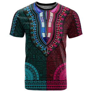 Teal-pink Dashiki and Tapa Pattern T shirt Africa-Polynesia Together Culture