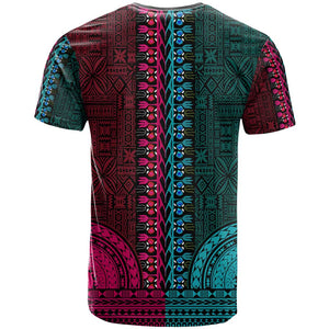 Teal-pink Dashiki and Tapa Pattern T shirt Africa-Polynesia Together Culture