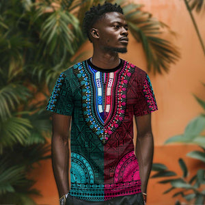 Teal-pink Dashiki and Tapa Pattern T shirt Africa-Polynesia Together Culture