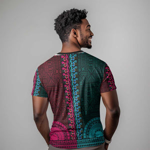 Teal-pink Dashiki and Tapa Pattern T shirt Africa-Polynesia Together Culture