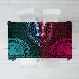 Teal-pink Dashiki and Tapa Pattern Tablecloth Africa-Polynesia Together Culture