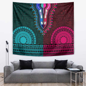 Teal-pink Dashiki and Tapa Pattern Tapestry Africa-Polynesia Together Culture