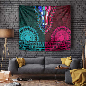 Teal-pink Dashiki and Tapa Pattern Tapestry Africa-Polynesia Together Culture