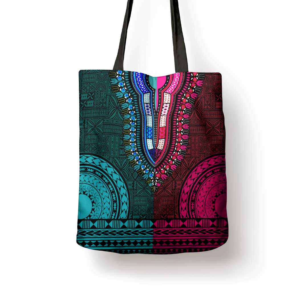 Teal-pink Dashiki and Tapa Pattern Tote Bag Africa-Polynesia Together Culture