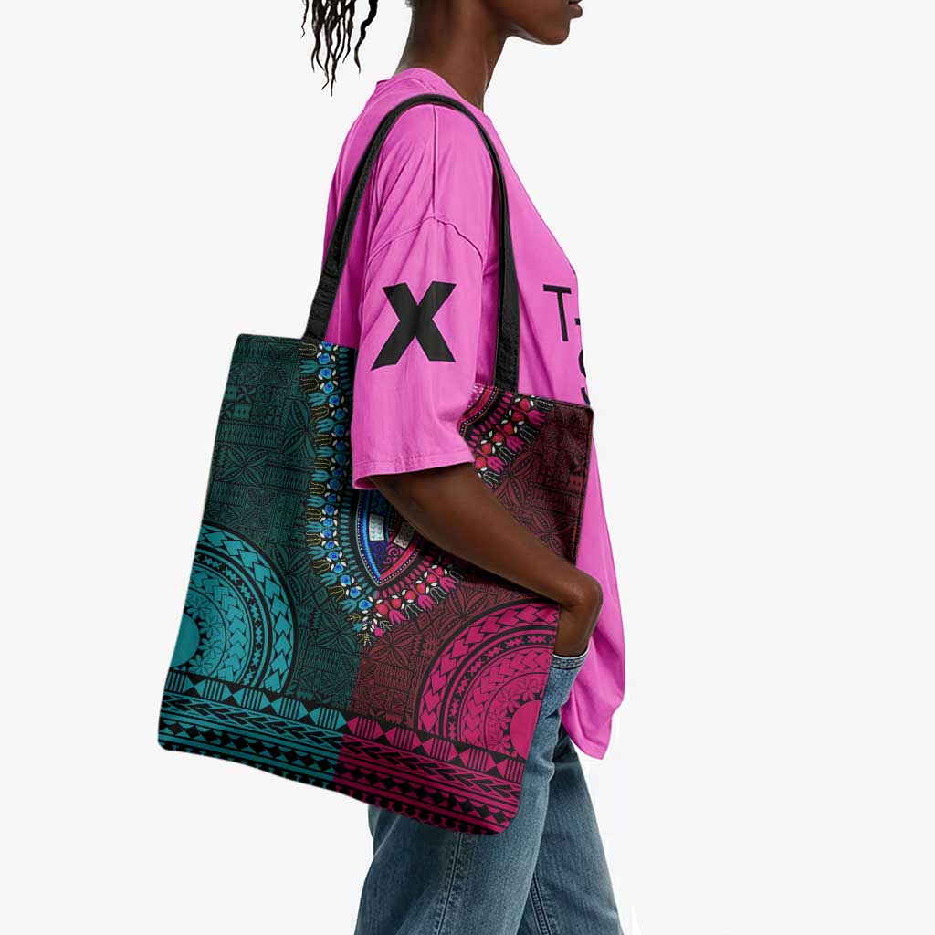 Teal-pink Dashiki and Tapa Pattern Tote Bag Africa-Polynesia Together Culture