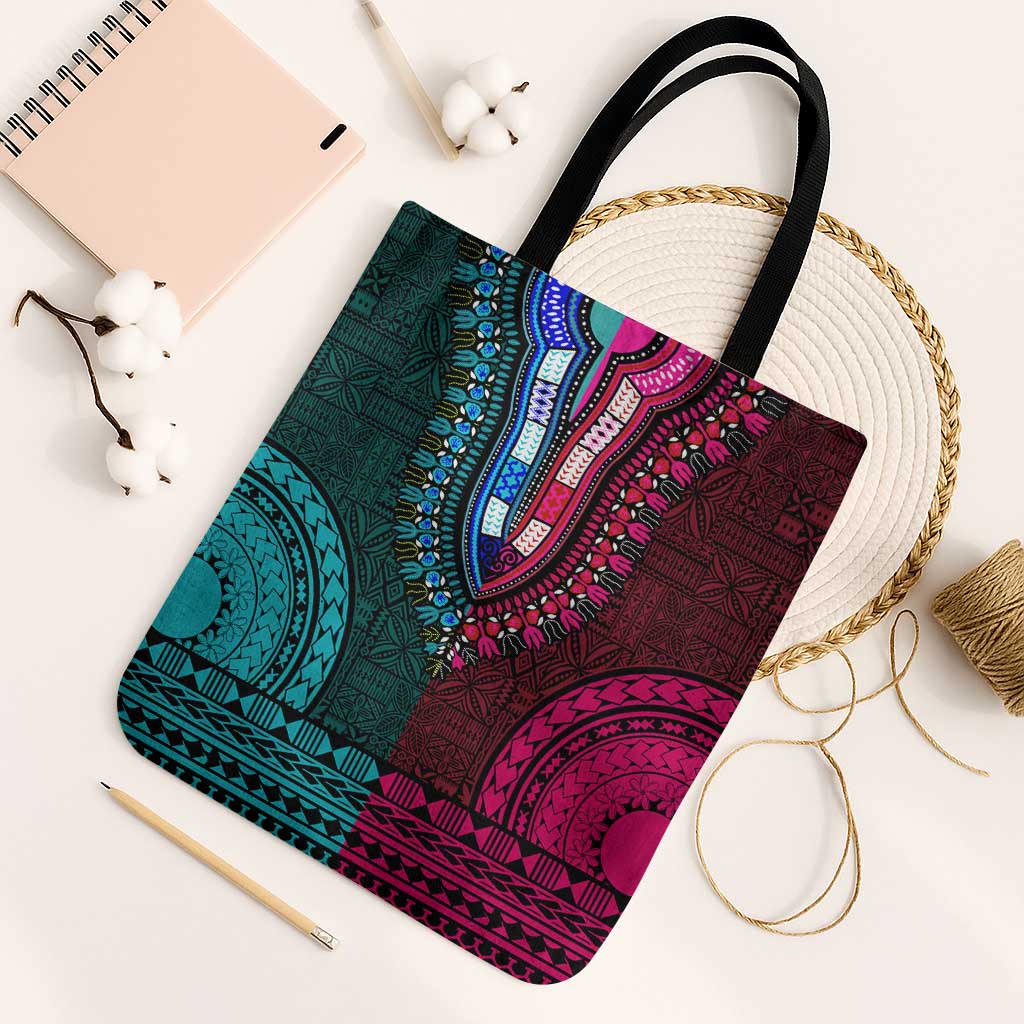 Teal-pink Dashiki and Tapa Pattern Tote Bag Africa-Polynesia Together Culture