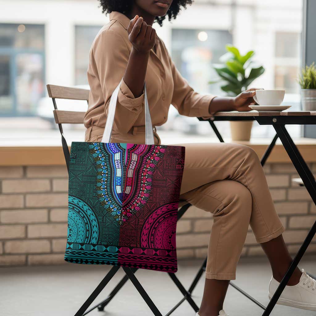 Teal-pink Dashiki and Tapa Pattern Tote Bag Africa-Polynesia Together Culture