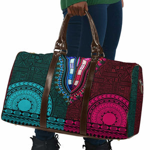 Teal-pink Dashiki and Tapa Pattern Travel Bag Africa-Polynesia Together Culture