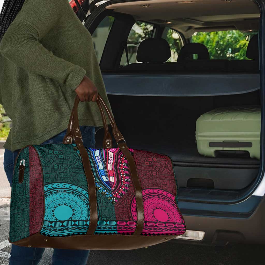 Teal-pink Dashiki and Tapa Pattern Travel Bag Africa-Polynesia Together Culture