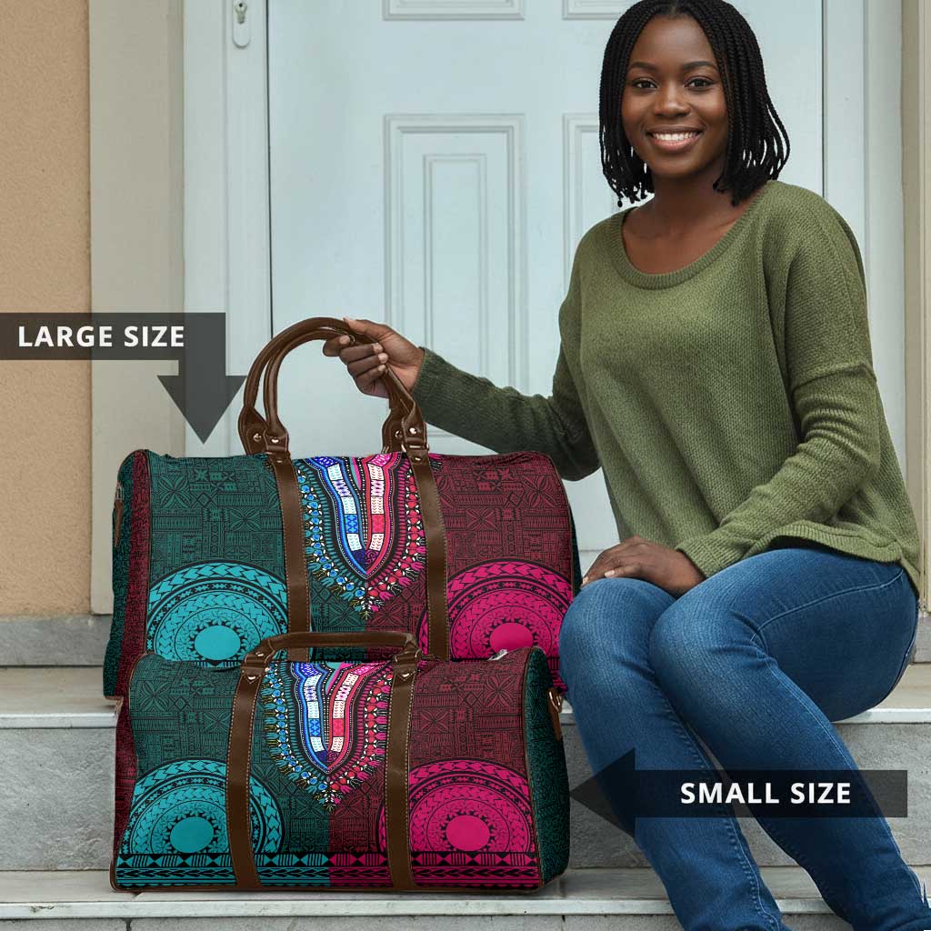 Teal-pink Dashiki and Tapa Pattern Travel Bag Africa-Polynesia Together Culture