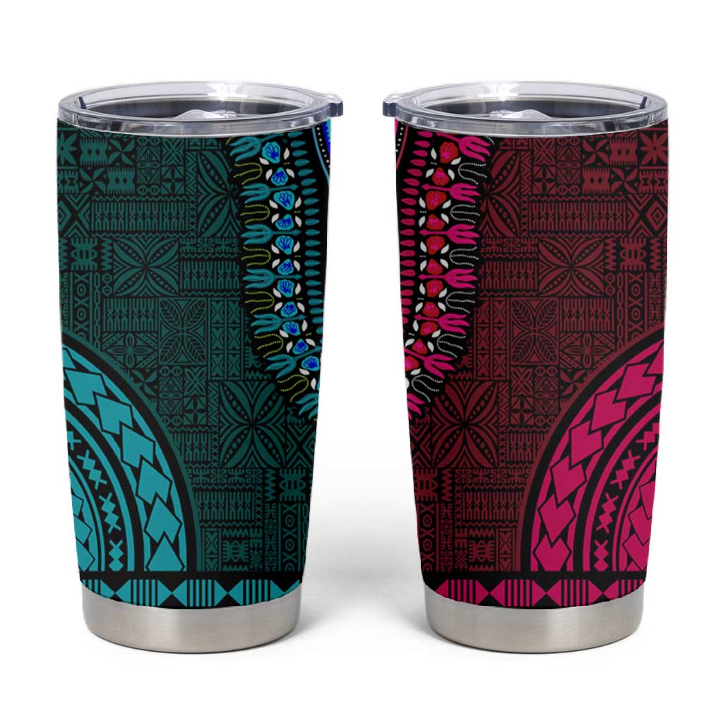 Teal-pink Dashiki and Tapa Pattern Tumbler Cup Africa-Polynesia Together Culture