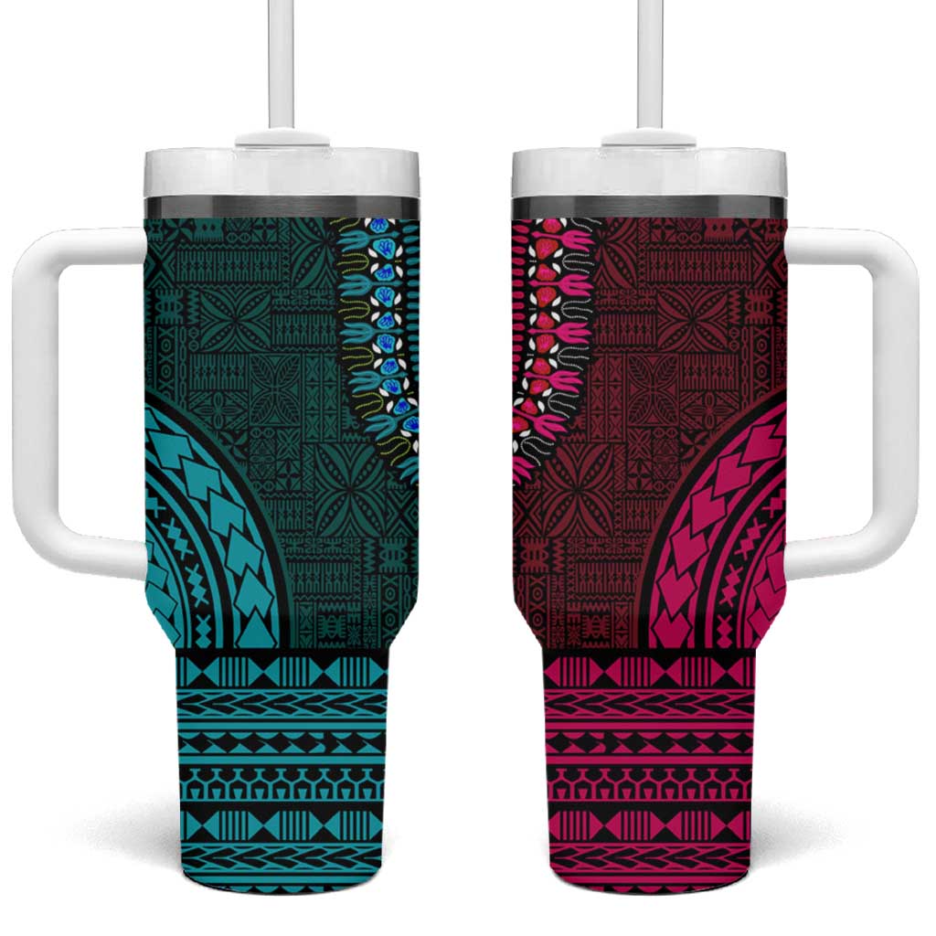 Teal-pink Dashiki and Tapa Pattern Tumbler With Handle Africa-Polynesia Together Culture