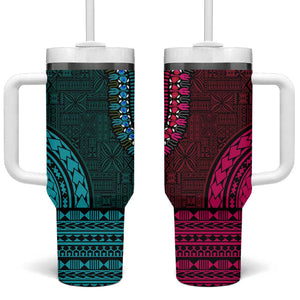 Teal-pink Dashiki and Tapa Pattern Tumbler With Handle Africa-Polynesia Together Culture