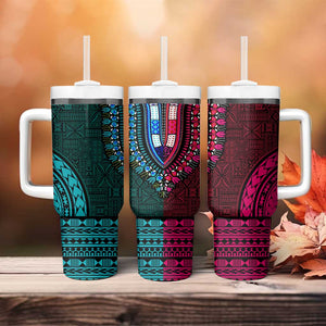 Teal-pink Dashiki and Tapa Pattern Tumbler With Handle Africa-Polynesia Together Culture