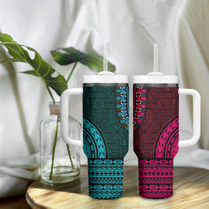 Teal-pink Dashiki and Tapa Pattern Tumbler With Handle Africa-Polynesia Together Culture