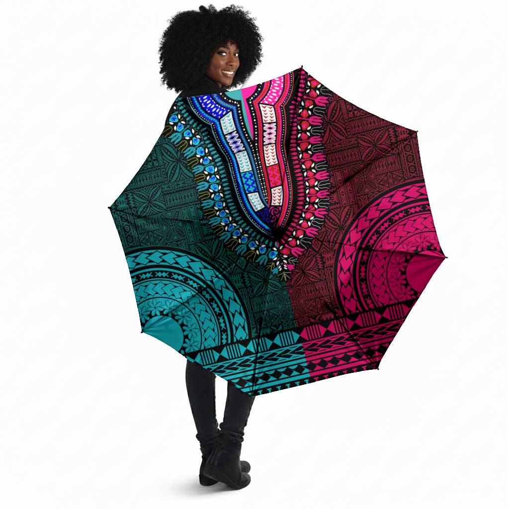 Teal-pink Dashiki and Tapa Pattern Umbrella Africa-Polynesia Together Culture