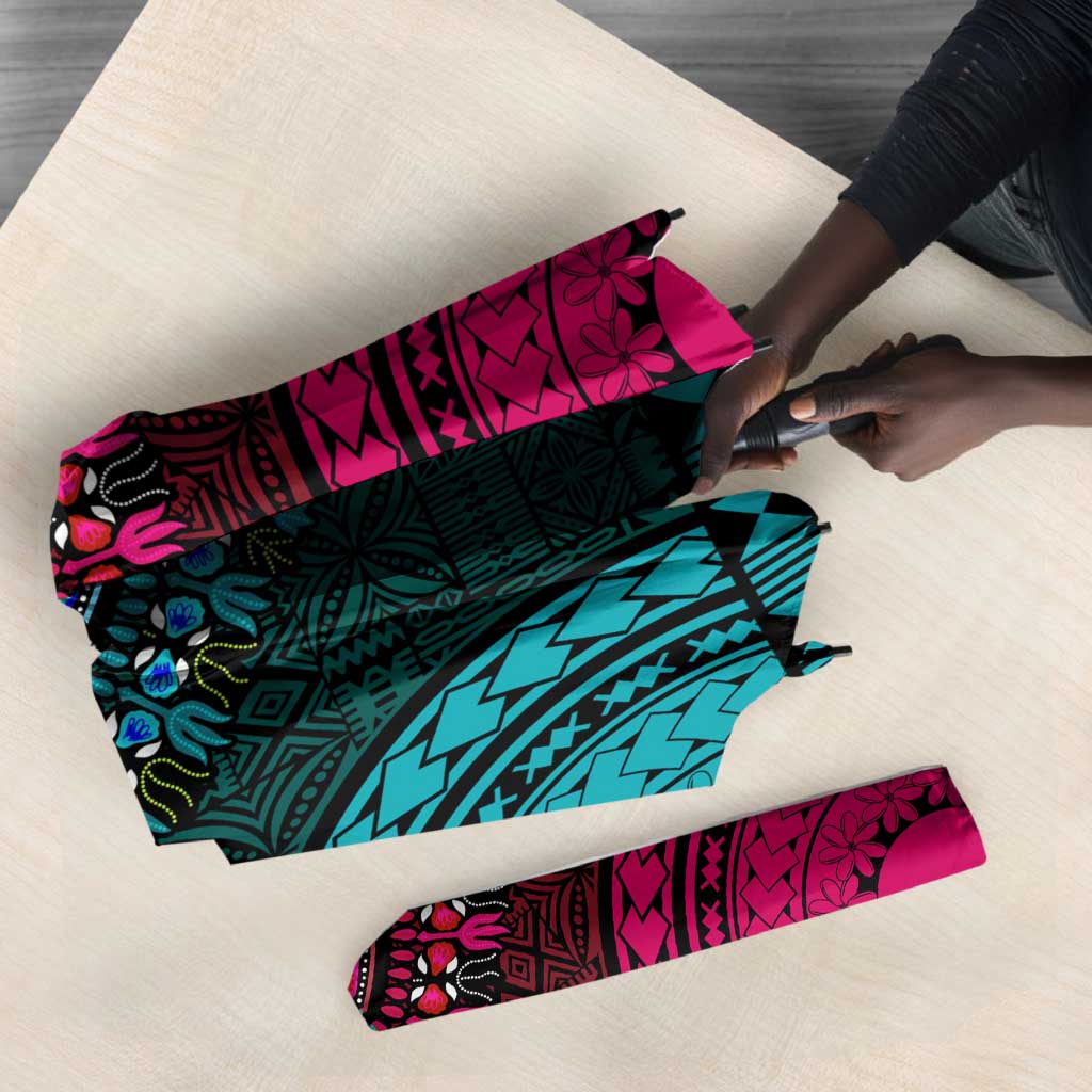 Teal-pink Dashiki and Tapa Pattern Umbrella Africa-Polynesia Together Culture