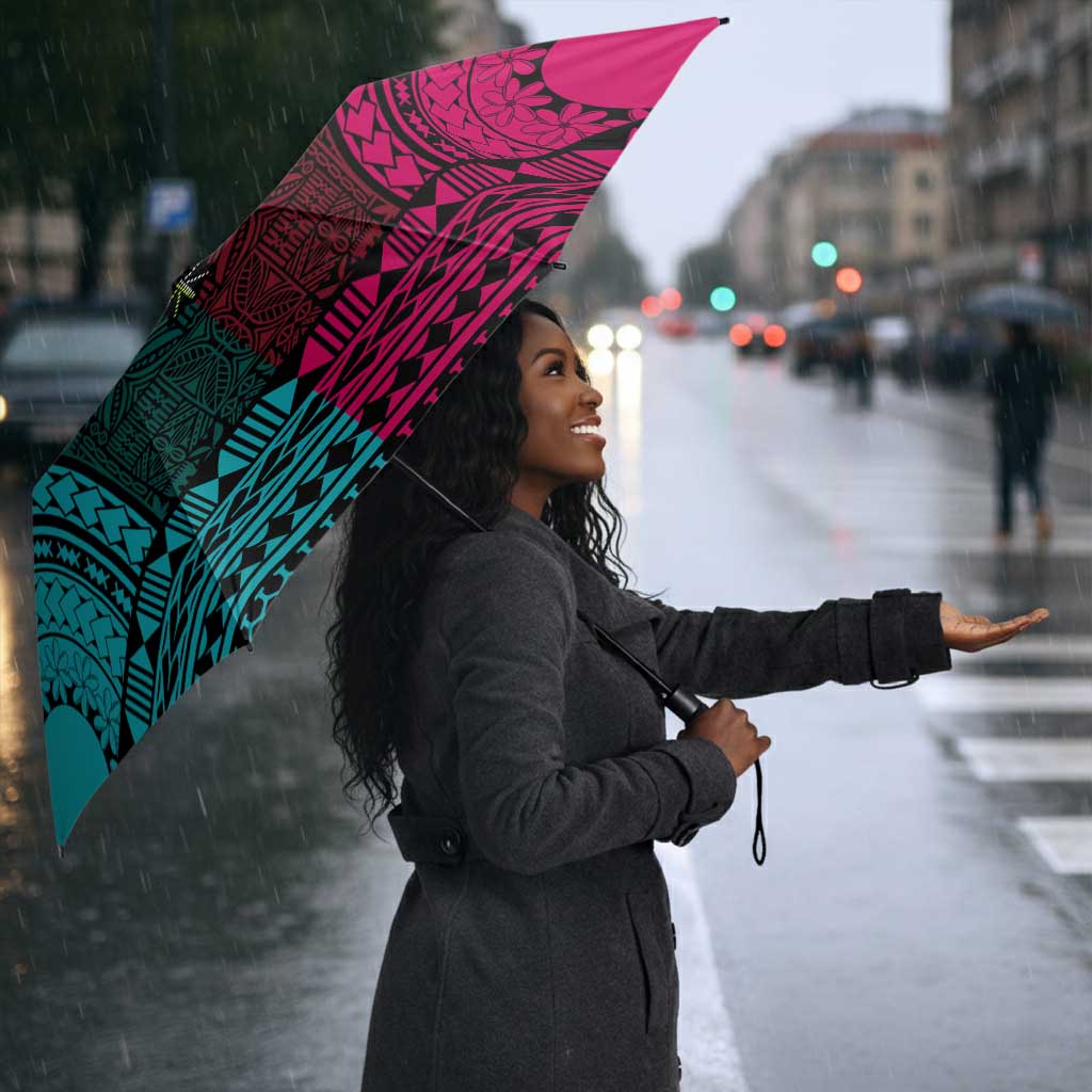 Teal-pink Dashiki and Tapa Pattern Umbrella Africa-Polynesia Together Culture