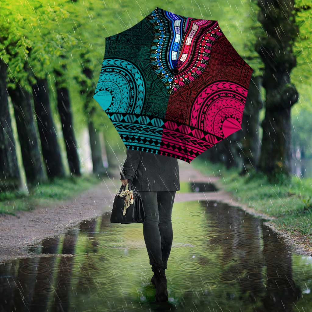 Teal-pink Dashiki and Tapa Pattern Umbrella Africa-Polynesia Together Culture
