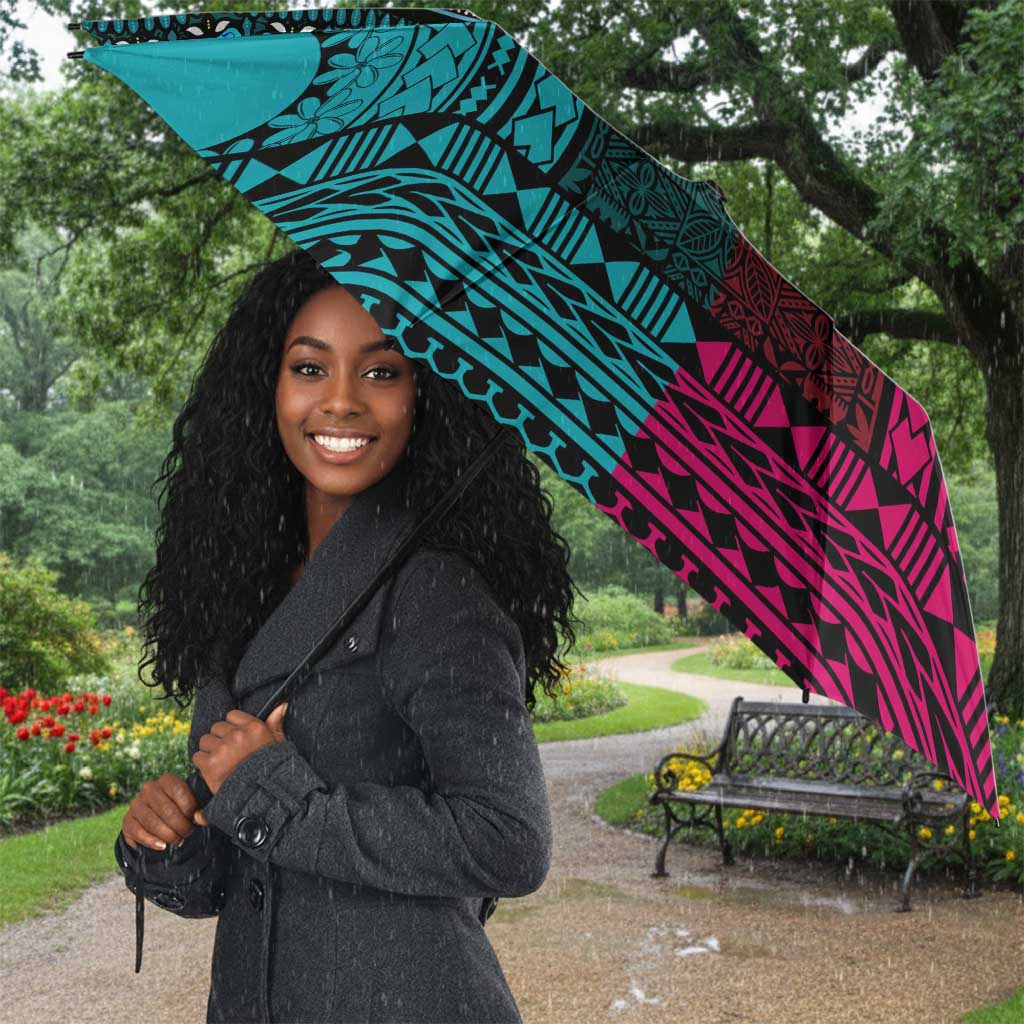 Teal-pink Dashiki and Tapa Pattern Umbrella Africa-Polynesia Together Culture